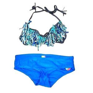 Raisins blue triangle fringe cheeky swimsuit bikini women's size medium